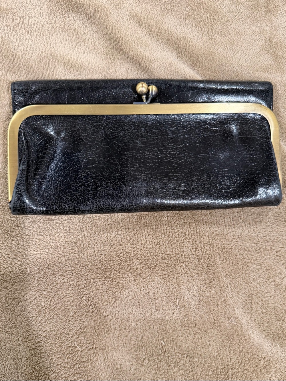 HOBO Black Leather Kiss-Lock Frame Wallet with Brass Trim